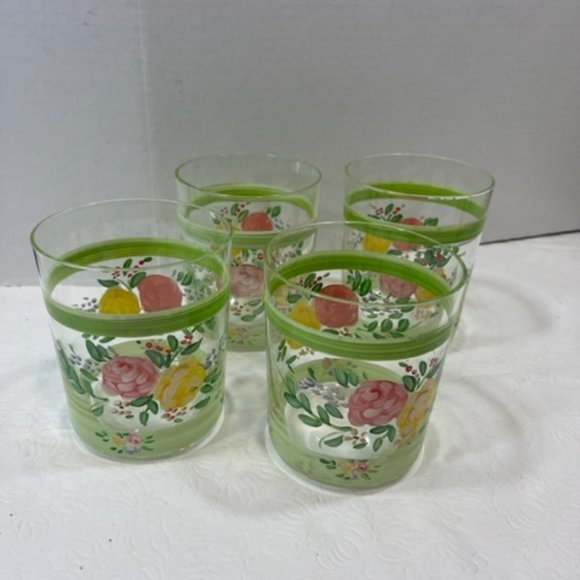 VTG Hand Painted Wide Rim Floral Drink Glasses Double Old Fashion 16oz SET OF 4 - Picture 3 of 15